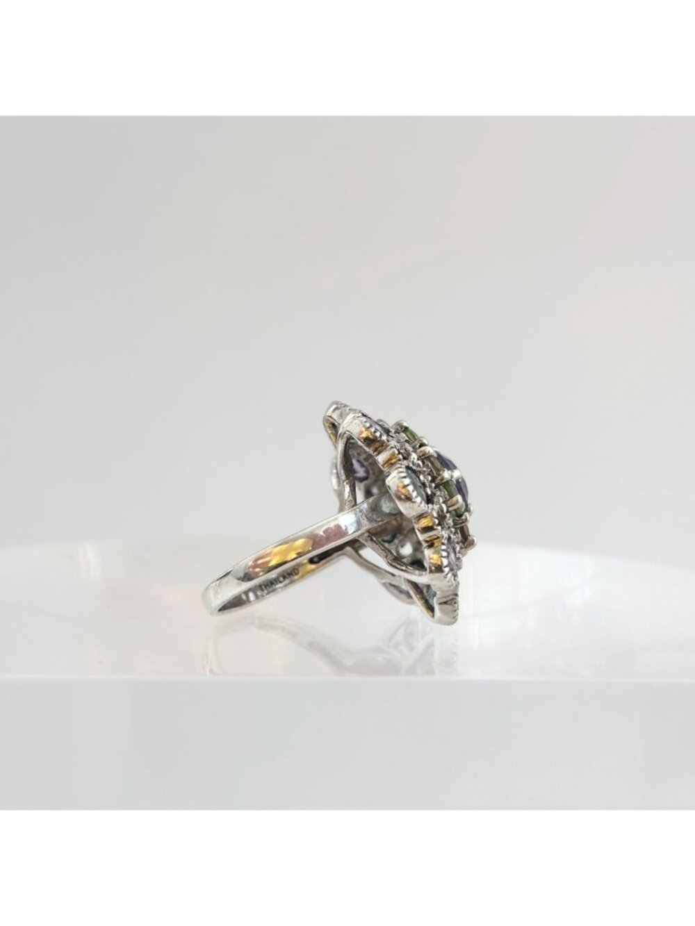 Cluster Rainbow Gemstone Blooming Flower Sterling Silver 925 Vintage Ring - sz 6 - Picture 3 of 16